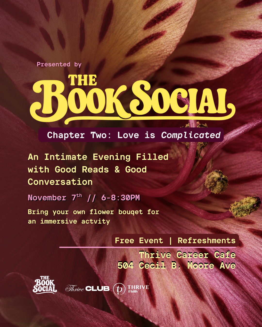 The Book Social event flyer. Saturday, November 7 · 6:00 – 8:30 PM. Thrive Career Café · 504 Cecil B. Moore Ave.